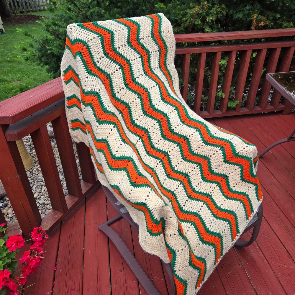 Cream, Orange, Green Chevron Stripe Afghan